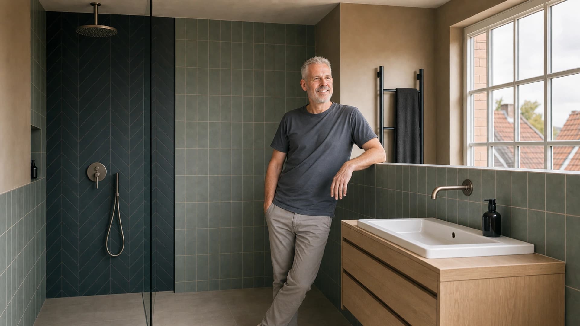 Melvin Kemp, tegelzetter in Haarlem, in een net opgeleverde badkamer